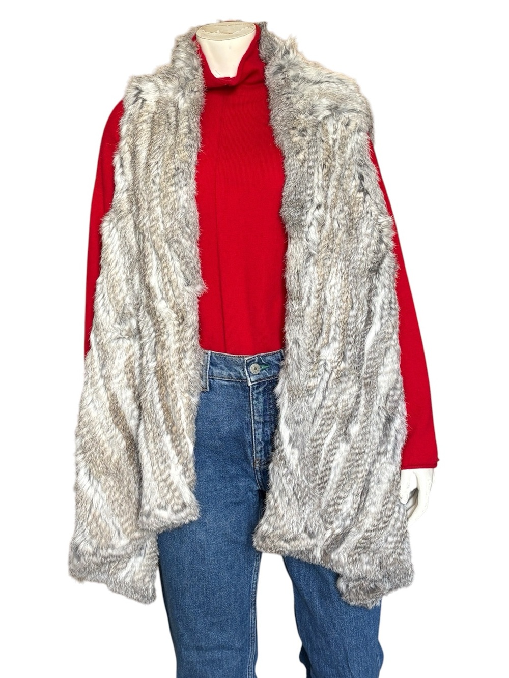 Danie Rabbit Fur Knitted Open-Front Water Fall Vest Size L/M Soft Cozy Gray